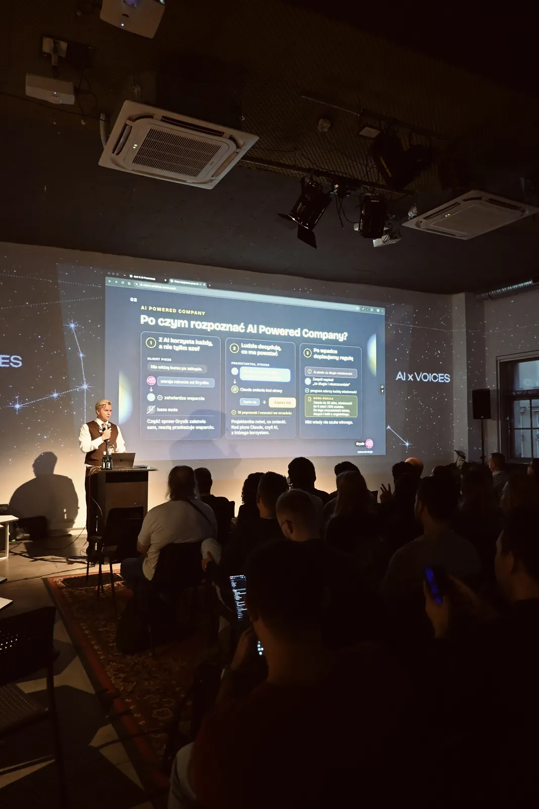 Sala w Hevre od tyłu, na ekranie slajd „Po czym rozpoznać AI Powered Company?”